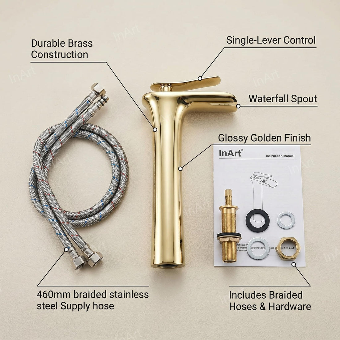 InArt washing basin tap in golden brass, single lever basin mixer for bathroom sink, front view