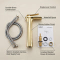 Golden wash basin mixer tap, single lever basin mixer shown at 45 degree angle for modern bathroom
