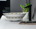 InArt mexican design wash basin showing smooth rim and glossy printed ceramic finish, close-up