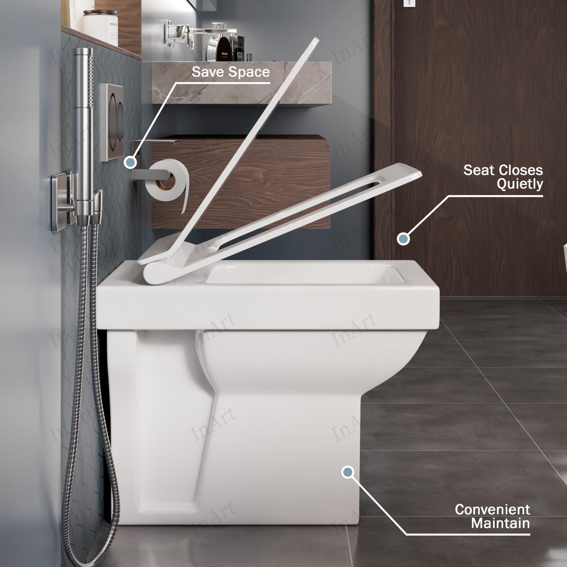 Elegant glossy white finish on InArt European style floor mounted western commode for modern bathroom