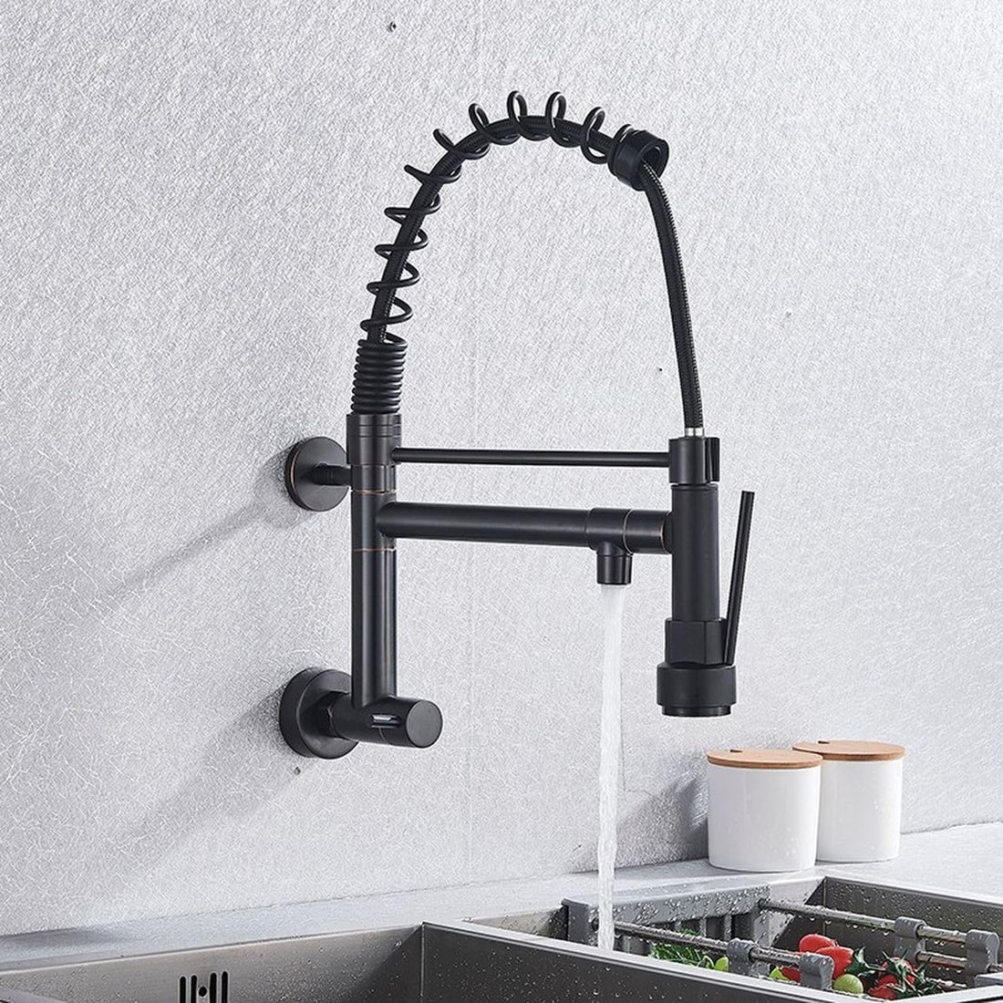 InArt wall mounted kitchen sink tap in matte black brass, 360° swivel pull-down sprayer, main view