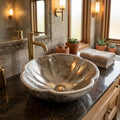 Ceramic wash basin designs with Moroccan pattern, silver round table top basin close-up detail