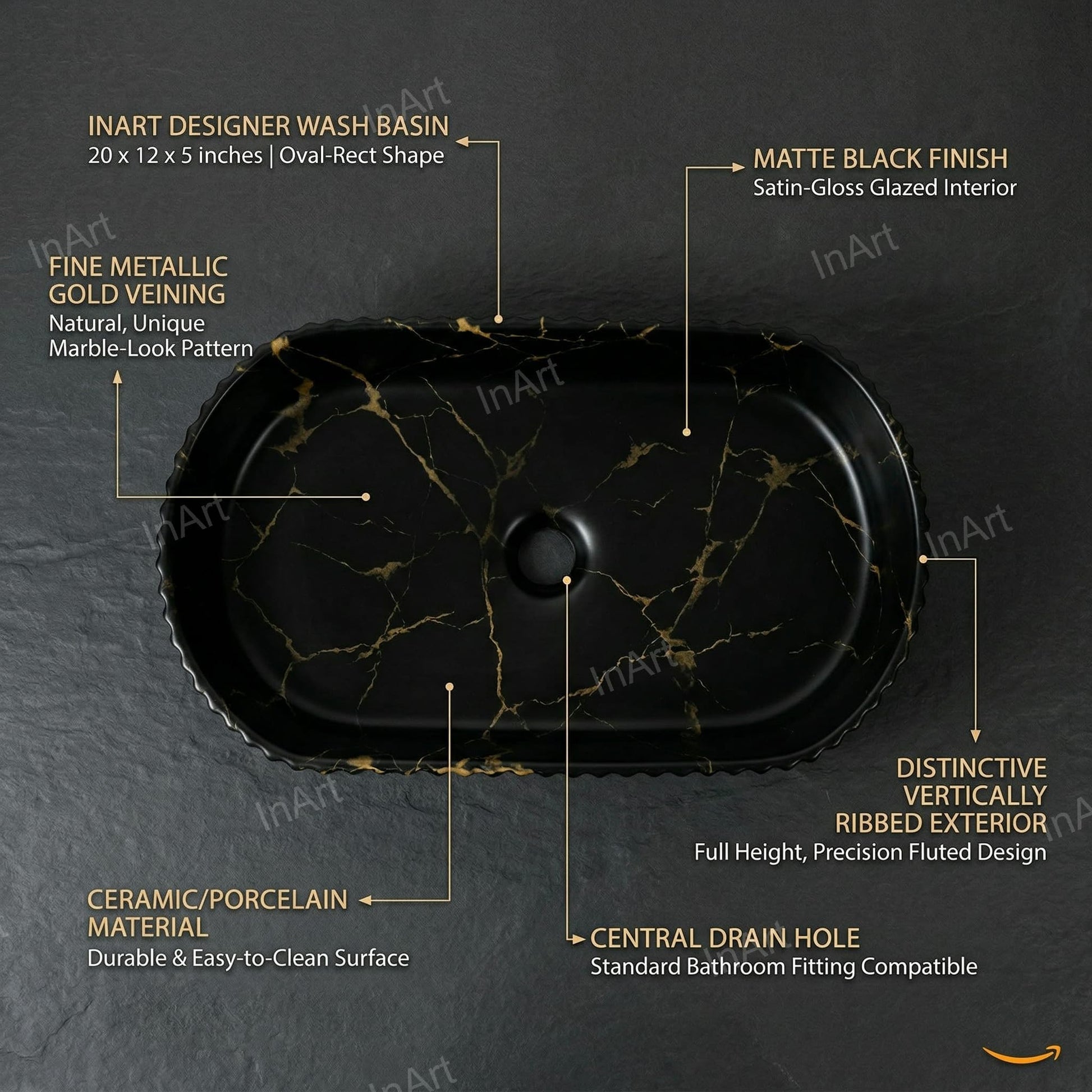 Rectangular table top basin design in matte black marble, angled view for modern bathroom