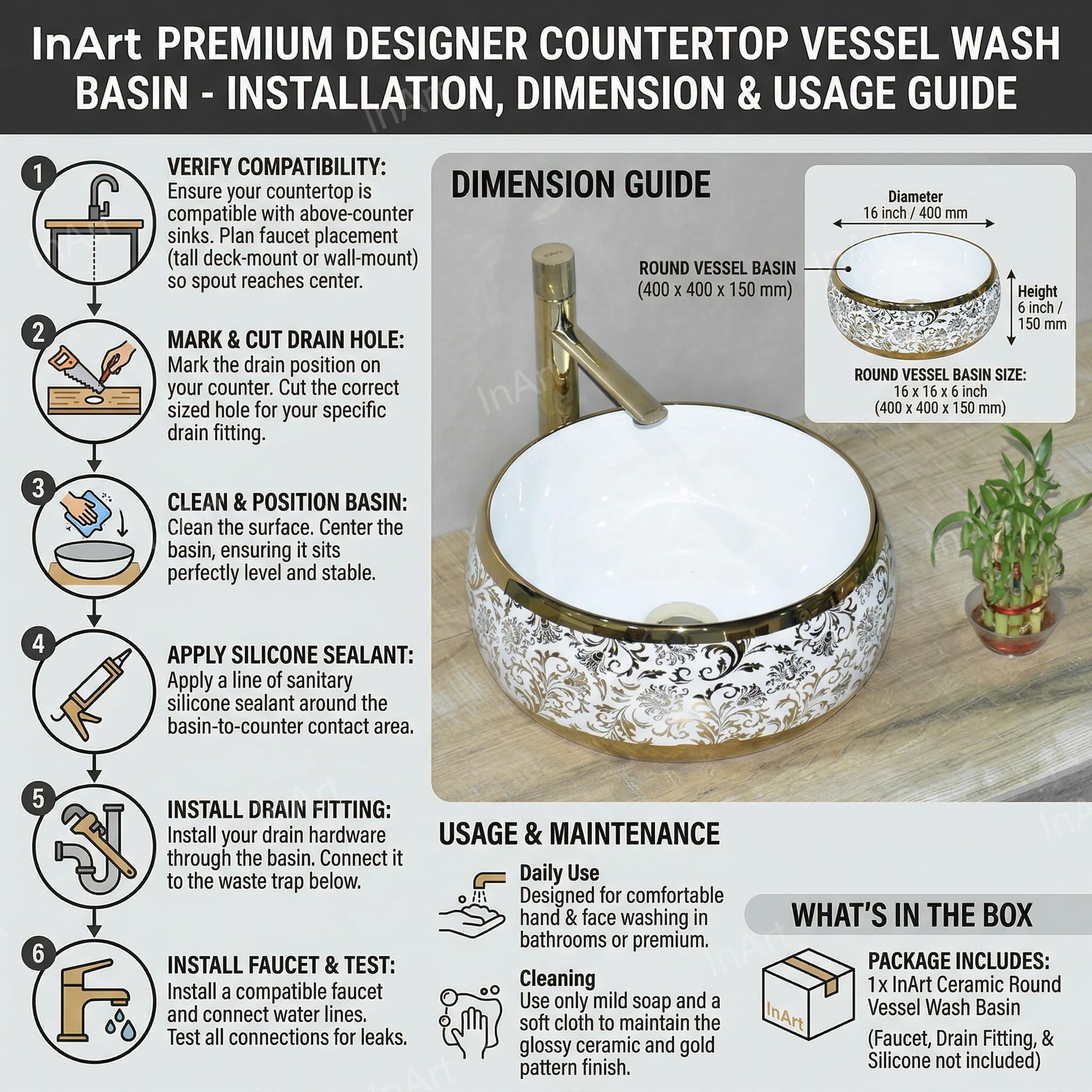 InArt luxury bathroom wash basin in white and gold, styled on countertop with tap in modern bathroom