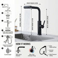 Single lever handle detail on InArt kitchen pull out faucet, matte black brass sink mixer tap
