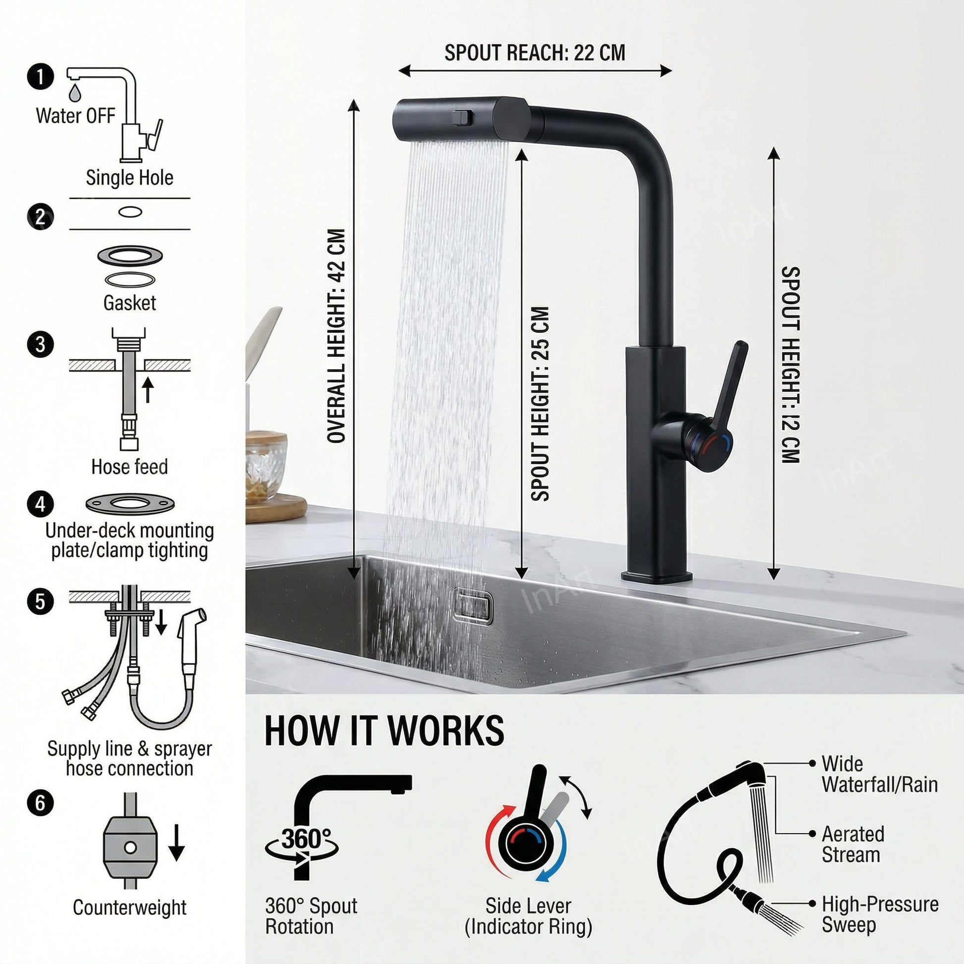 Single lever handle detail on InArt kitchen pull out faucet, matte black brass sink mixer tap