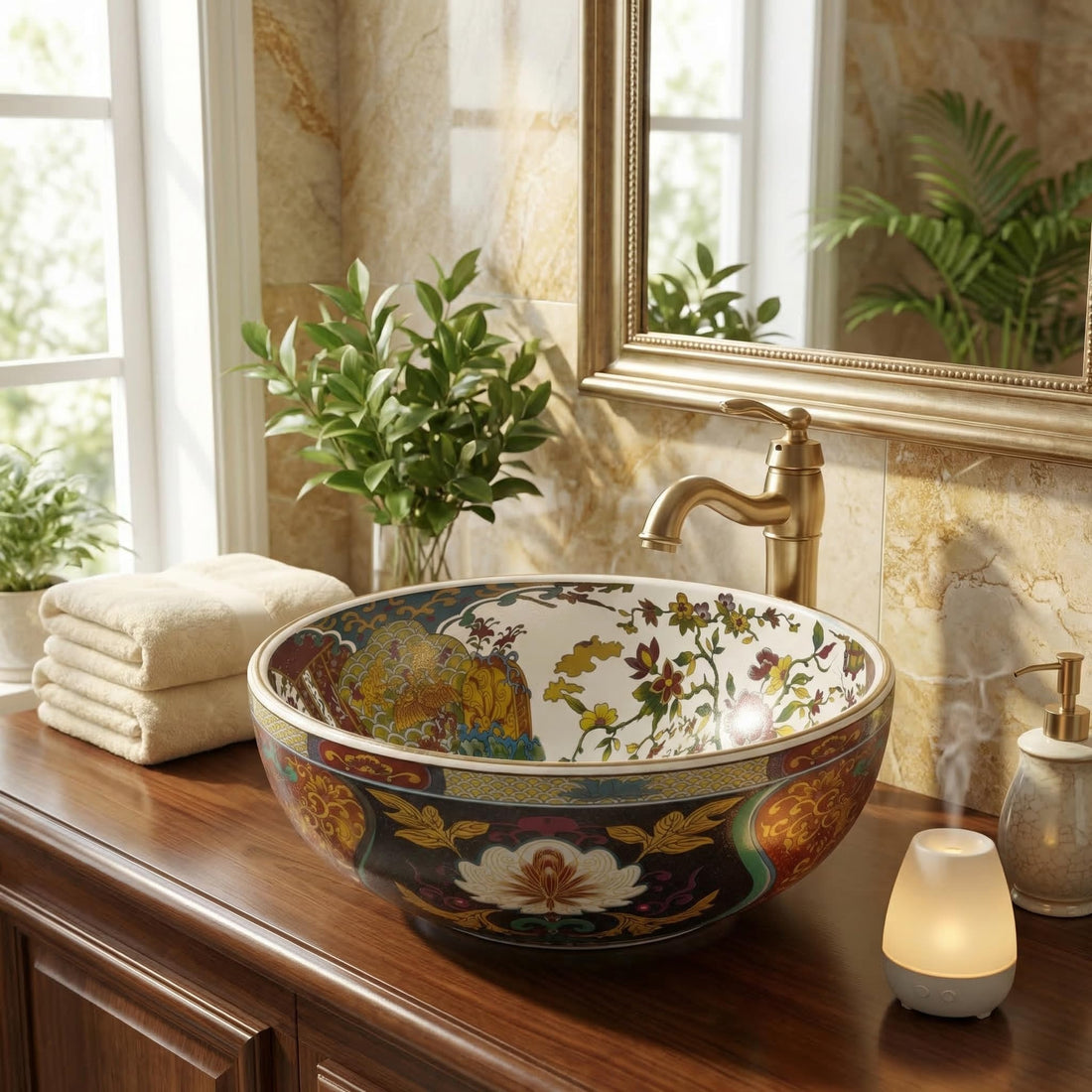 InArt ceramic table top wash basin design, round Moroccan multicolour floral countertop basin