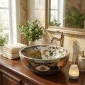 InArt ceramic round table top wash basin with multicolour floral glossy finish, main front view