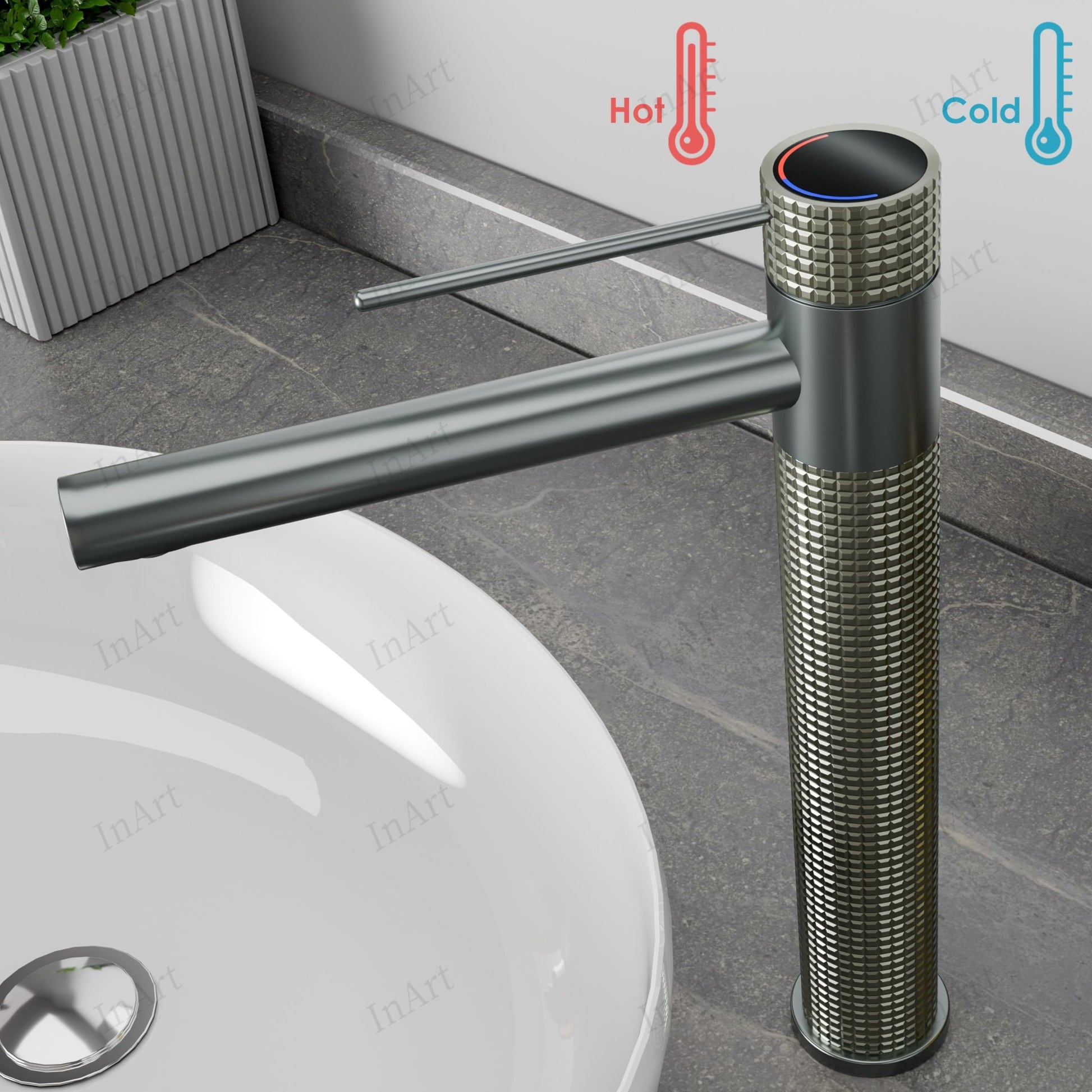Top view of basin mixer tap in gun grey, brass deck mount tap for wash basin with mixer in modern bathroom