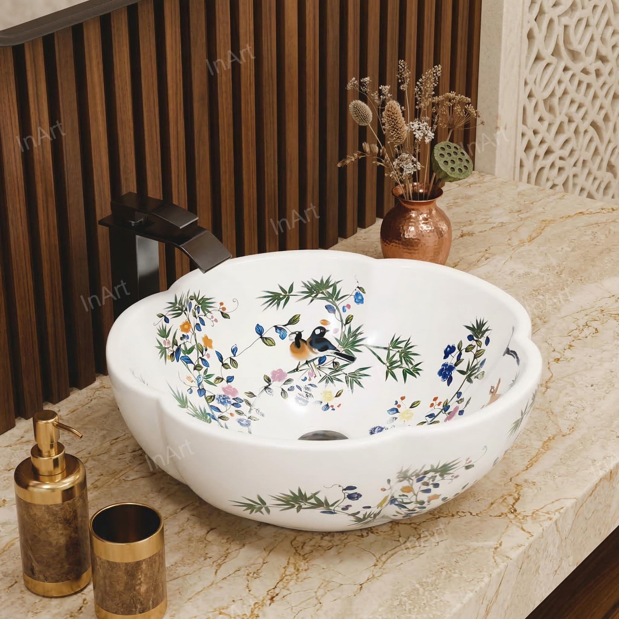 InArt Moroccan Ceramic White Floral Wash Basin - Countertop