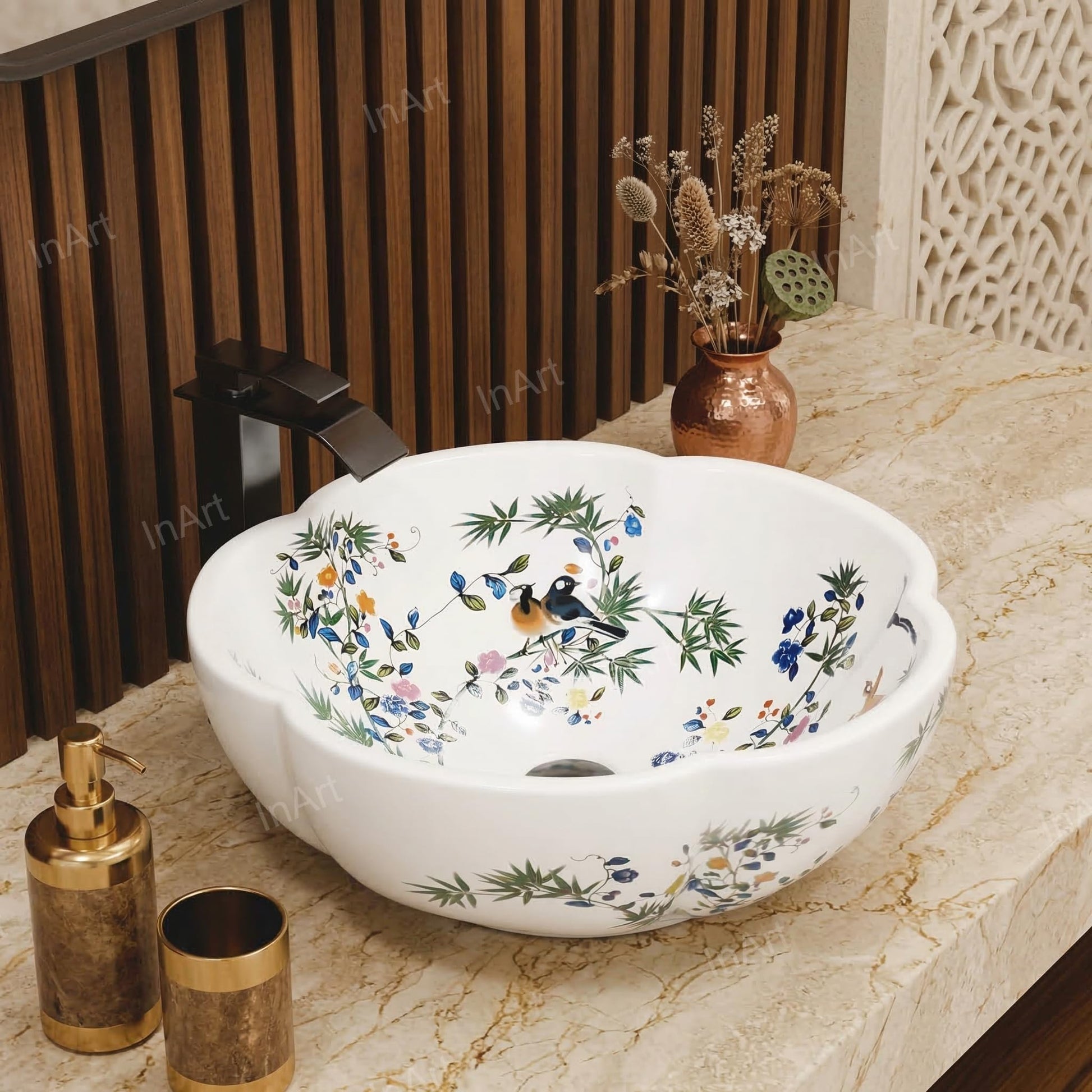 Close-up of floral pattern on glossy white ceramic designer wash basin for modern bathroom