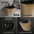 Designer ceramic wall mounted wash basin in black gold, side angle view with half pedestal for fancy bathroom sinks