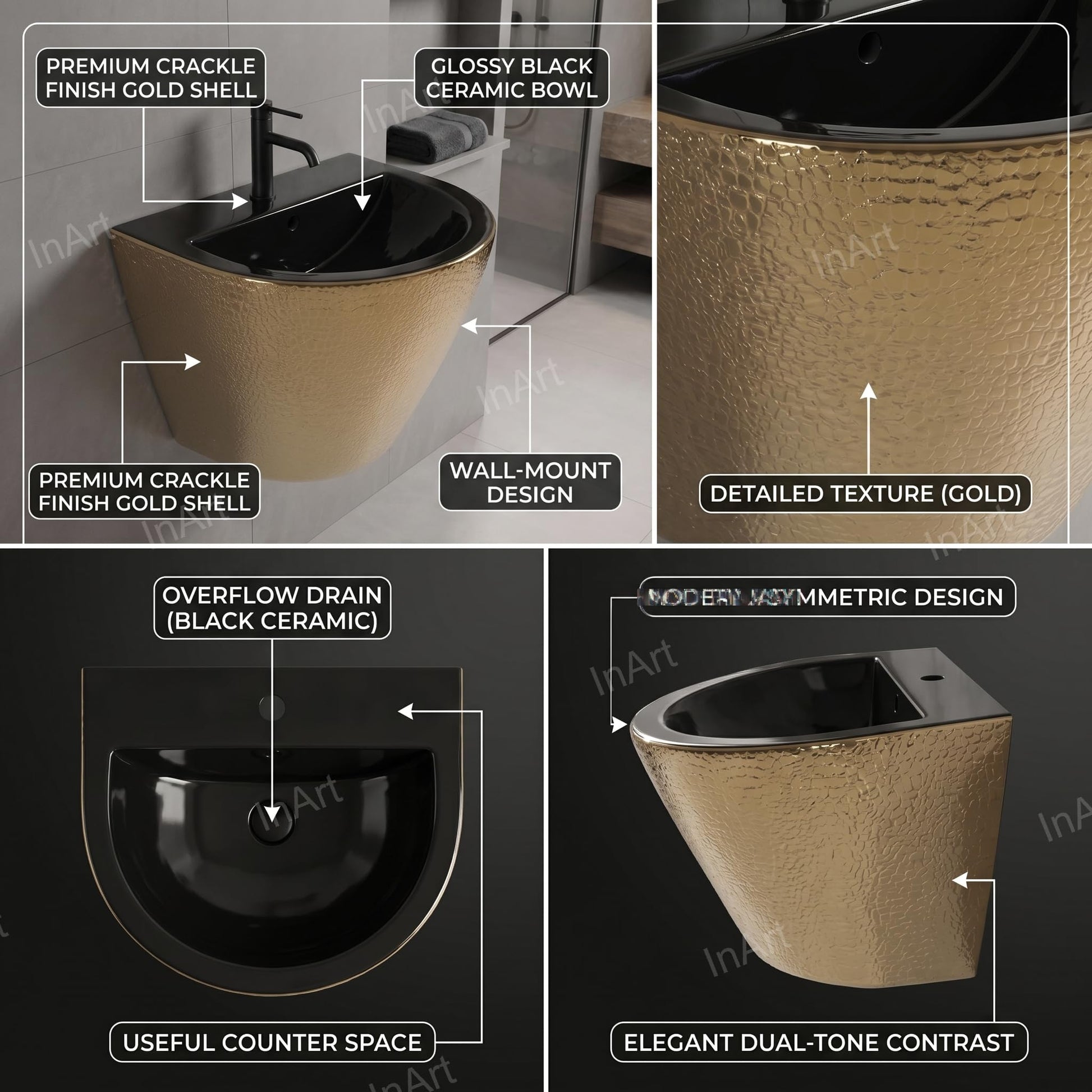 Designer ceramic wall mounted wash basin in black gold, side angle view with half pedestal for fancy bathroom sinks
