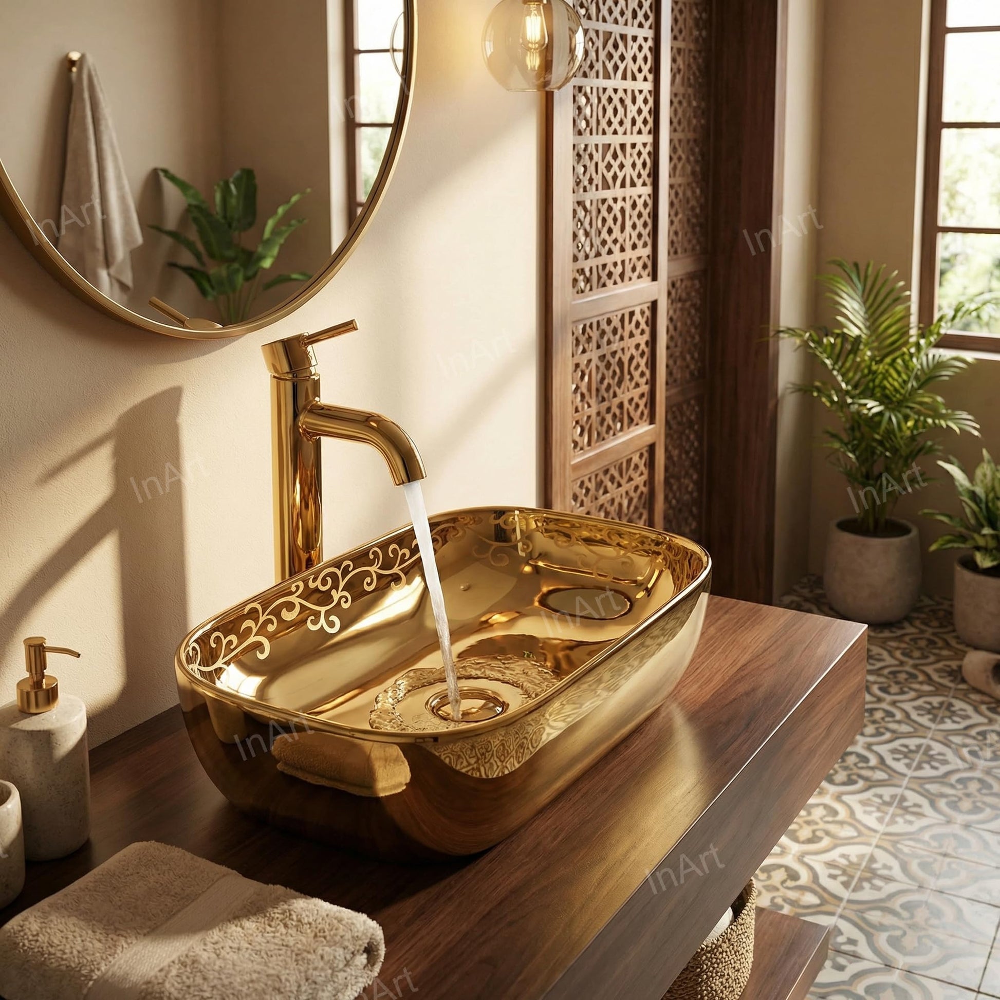 Dining room wash basin area design with gold ceramic table top wash basin, premium sanitaryware for washroom