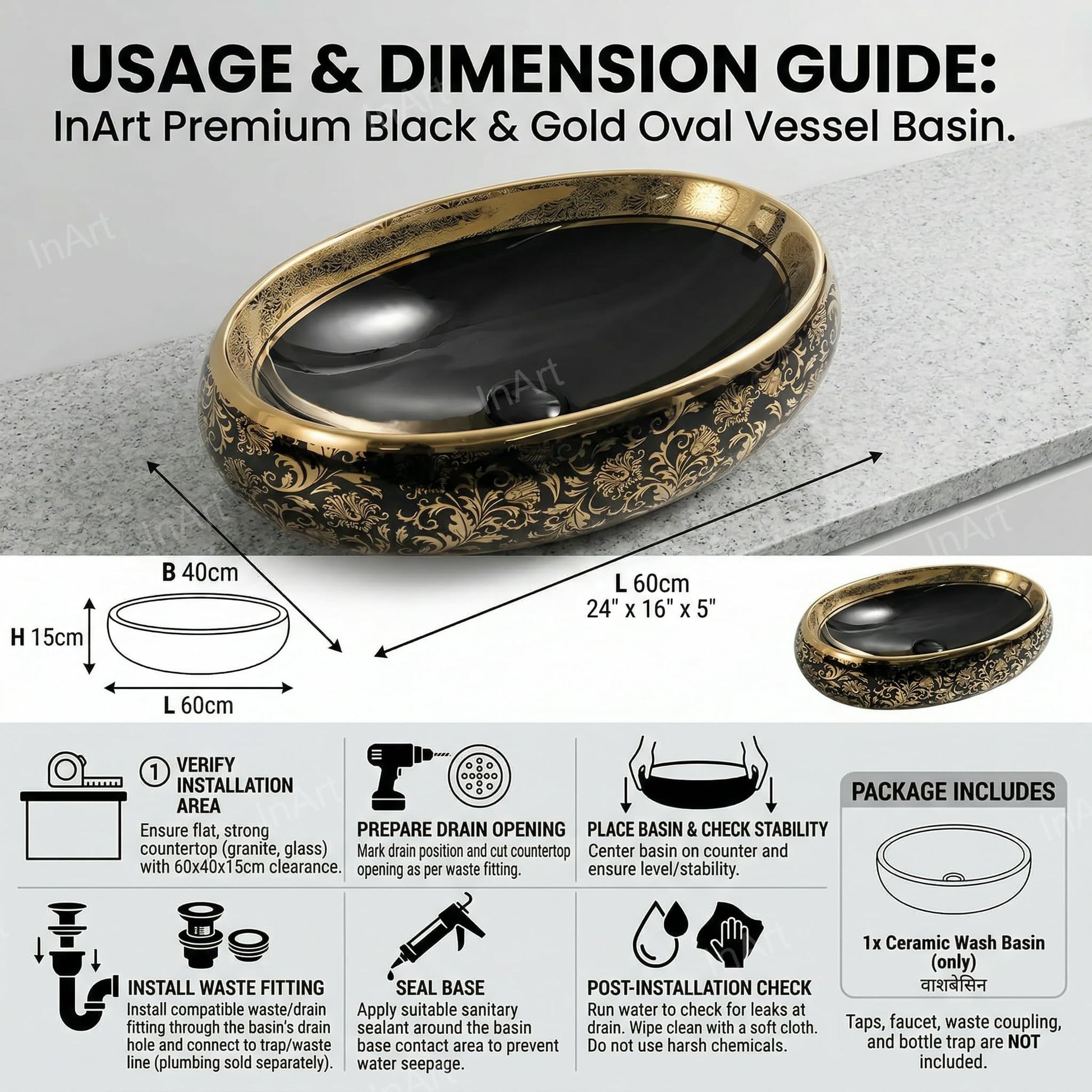 Table top wash basin cabinet design idea, black gold ceramic basin paired with wooden counter and tap