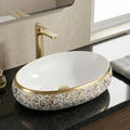 InArt hindware table top wash basin in glossy white ceramic oval with golden rim, main view