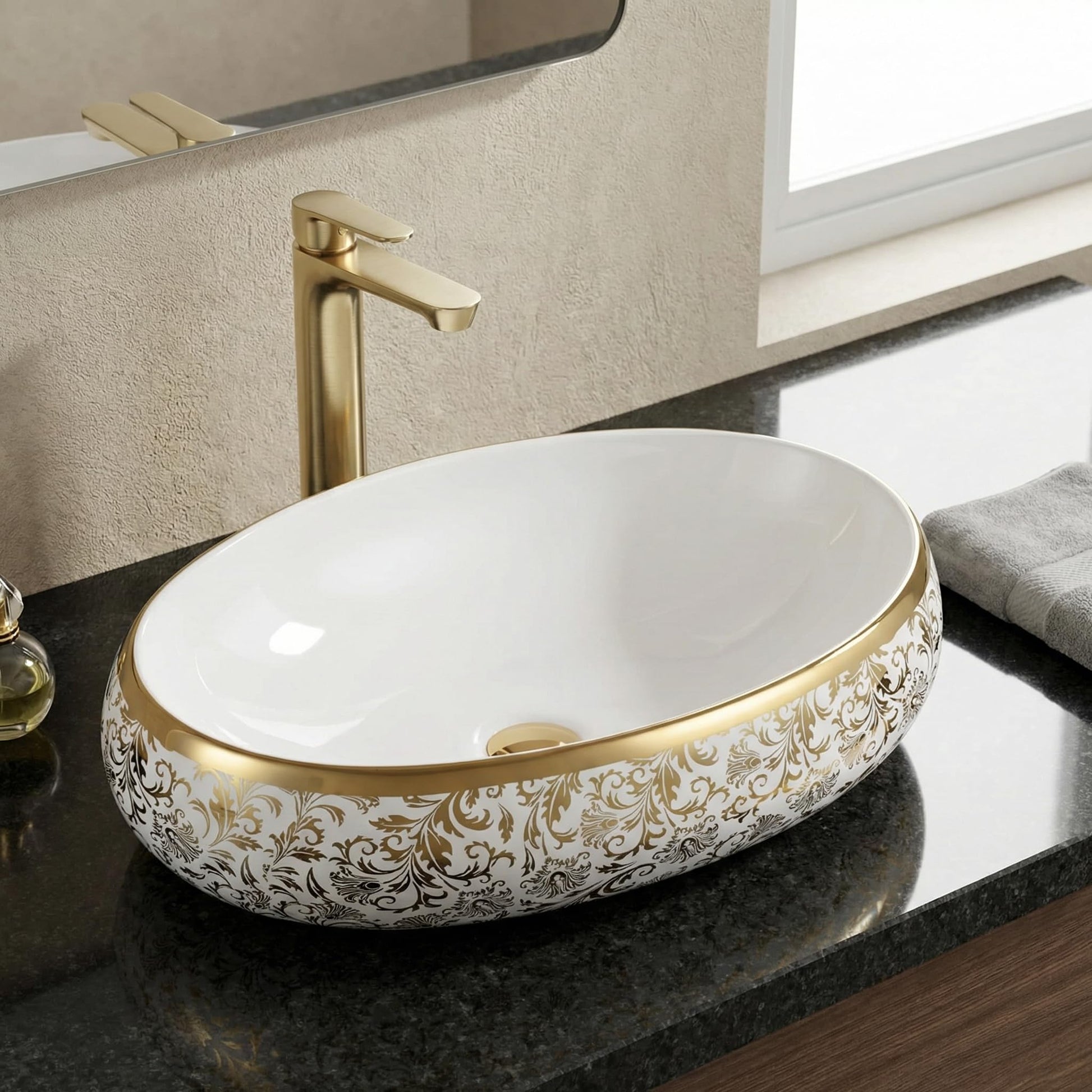 InArt hindware table top wash basin in glossy white ceramic oval with golden rim, main view
