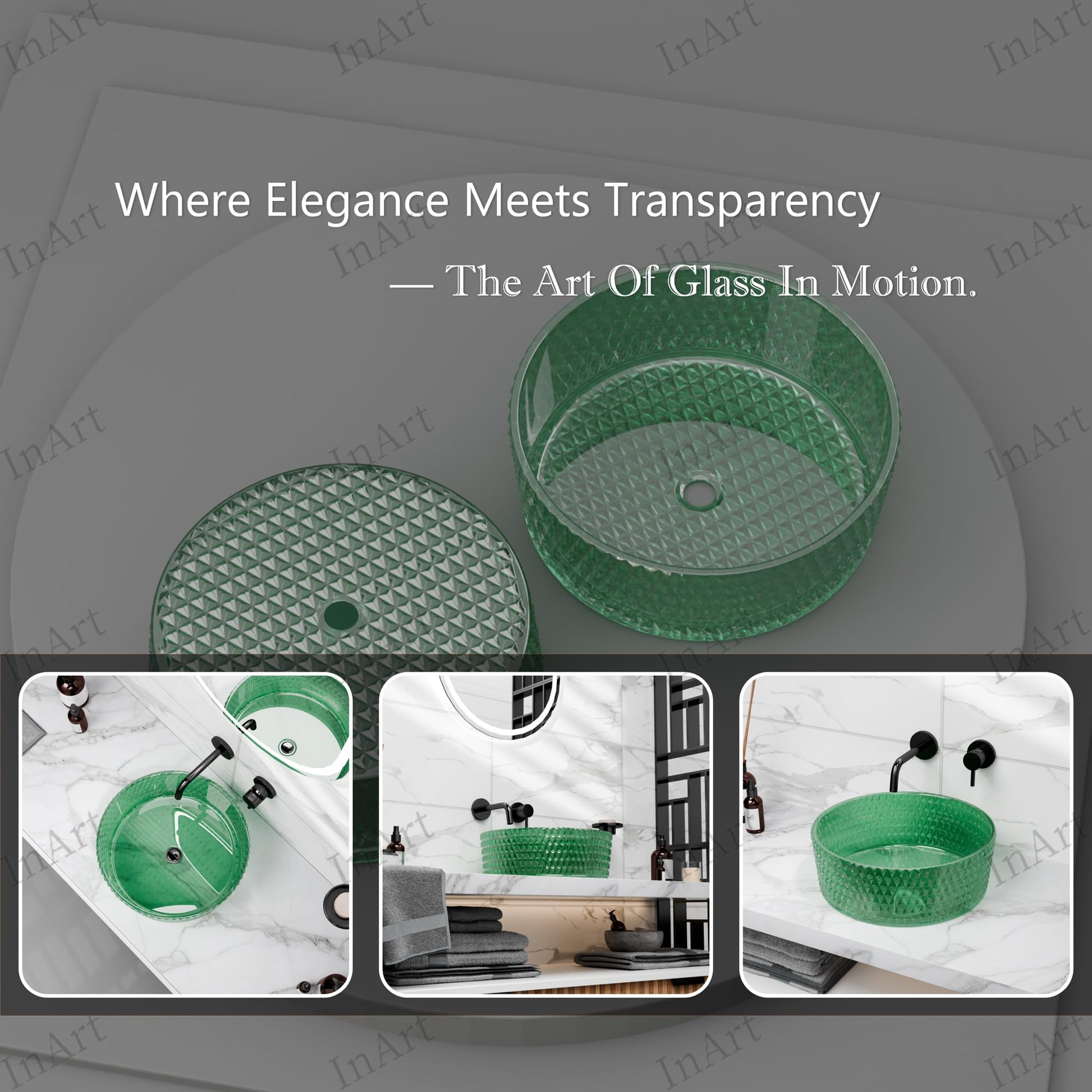InArt round green glass wash basin, glossy finish, kitchen wash basin