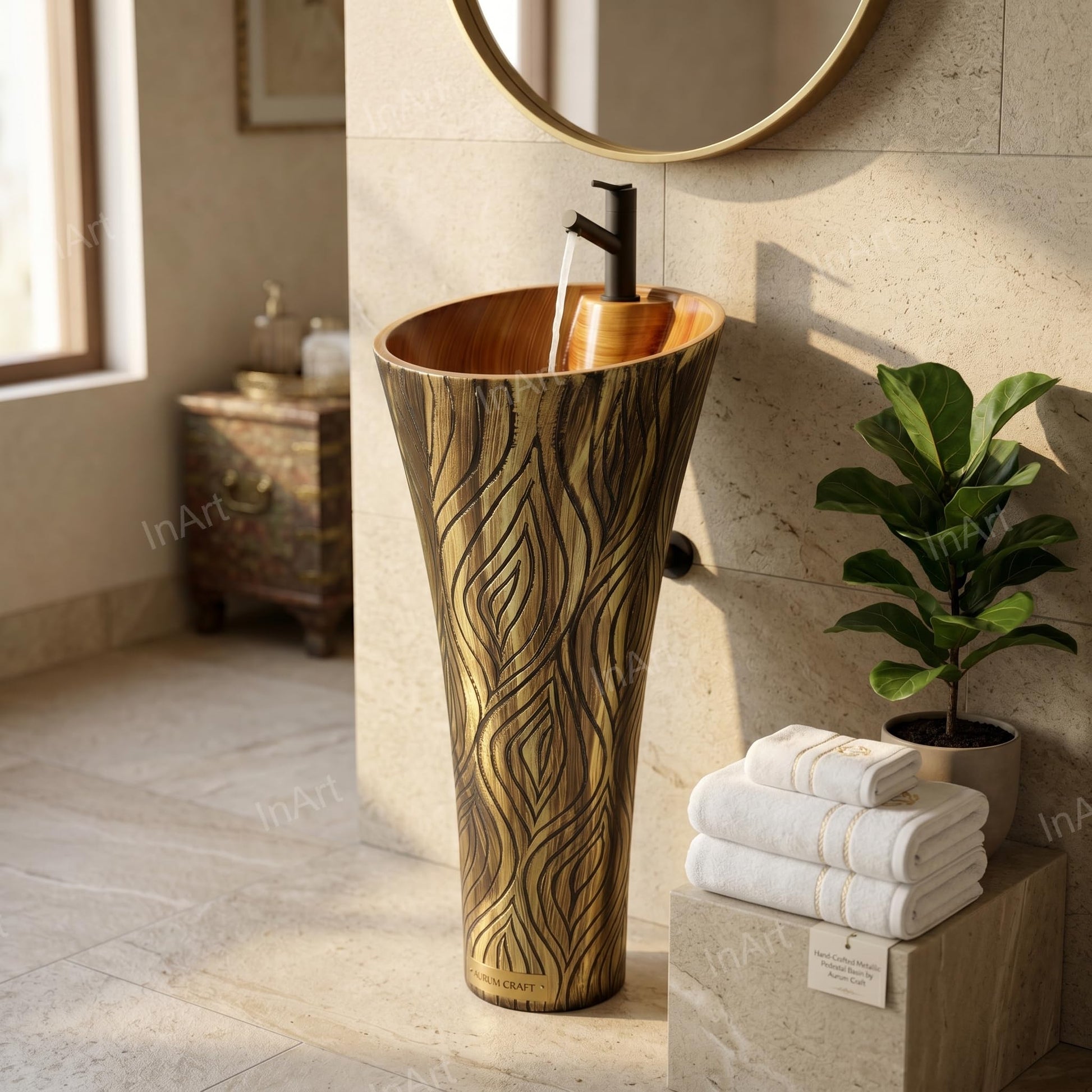 washbasindesign InArt ceramic oval pedestal wash basin with wooden finish, front view for bathroom