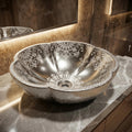 Designer bathroom sinks for luxury washroom, InArt silver ceramic tabletop wash basin in bathroom setting