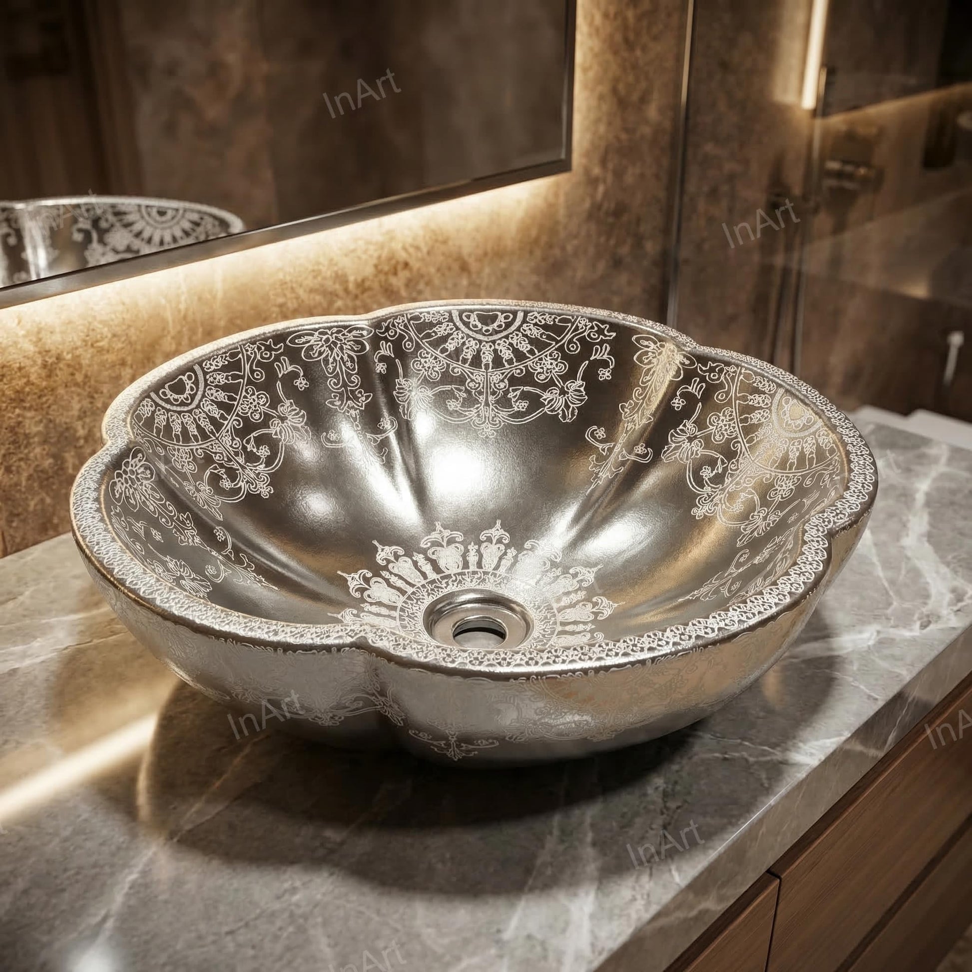 Designer bathroom sinks for luxury washroom, InArt silver ceramic tabletop wash basin in bathroom setting