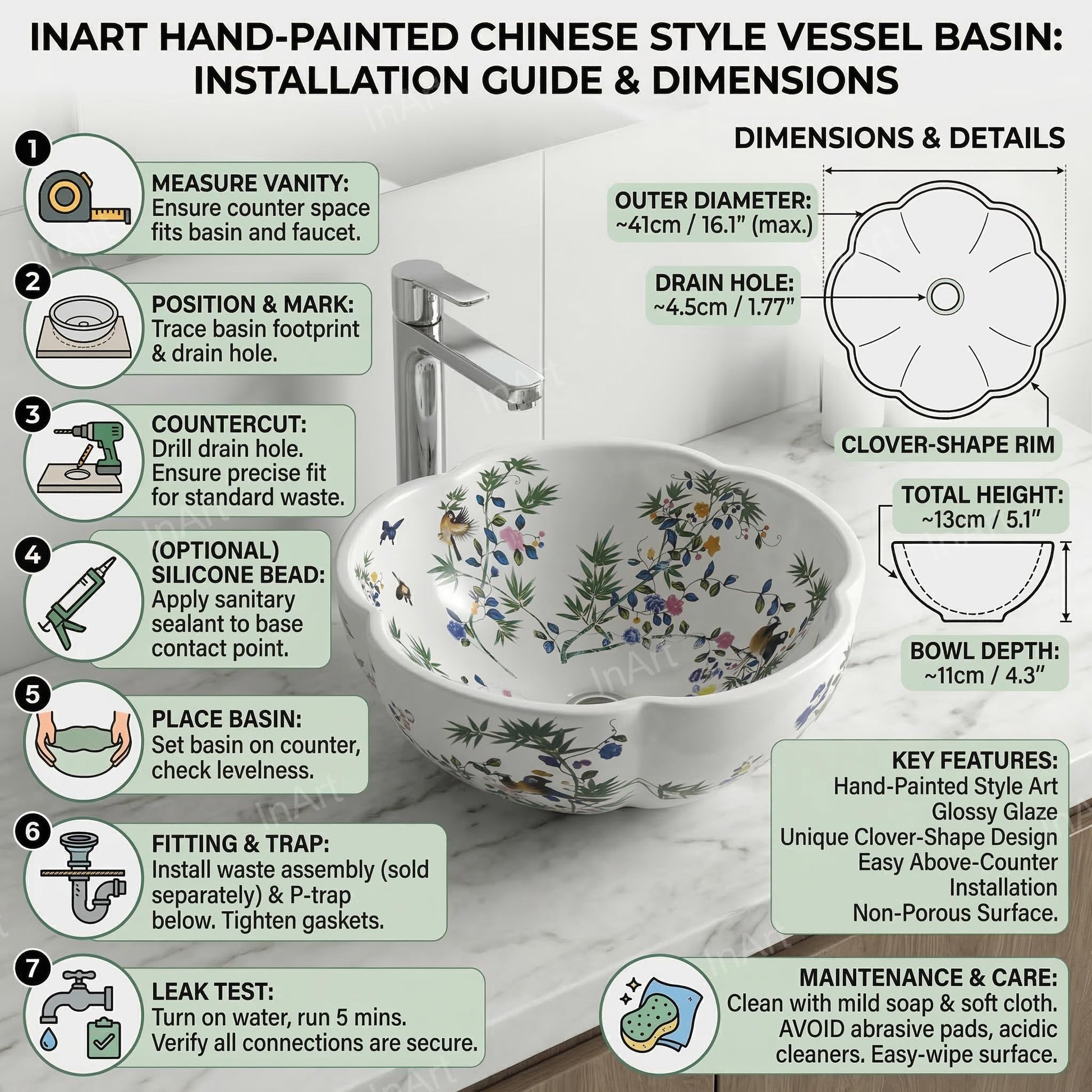 InArt Moroccan style ceramic wash basin for luxurious bathroom sinks, white floral tabletop basin