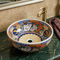 Ceramic table top wash basin with glossy multi colour finish, close-up of rim and smooth edges