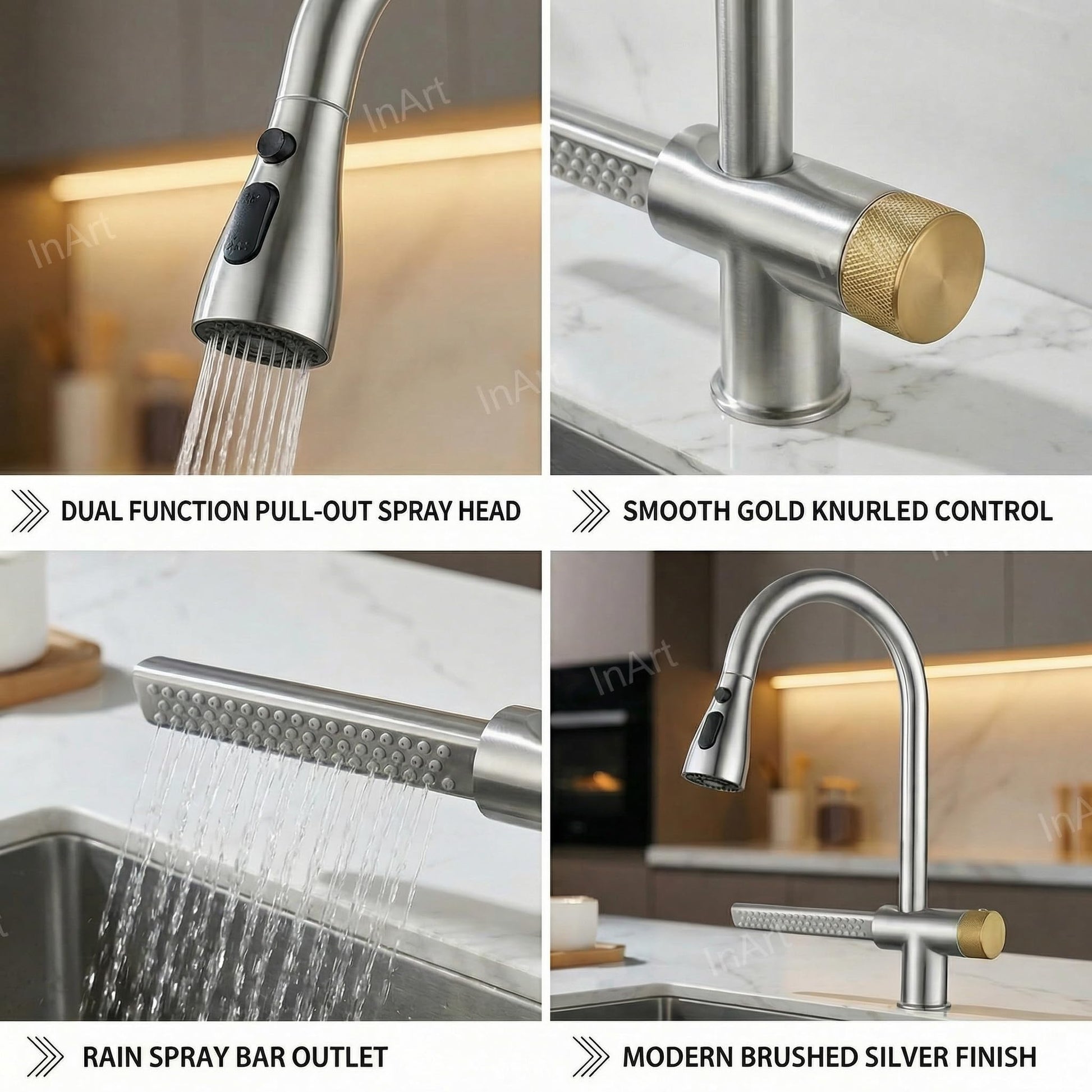 InArt pull out sink mixer tap in chrome finish, angled view showing swinging spout and retractable spray head