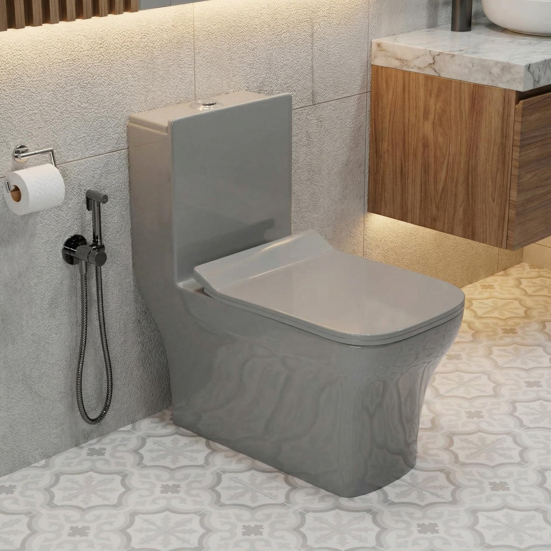 InArt ceramic floor mounted western toilet, one piece compact grey commode with soft close seat, front view
