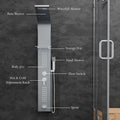 Close-up of rainfall shower head on brushed chrome shower panel, modern bathroom fitting for Indian homes