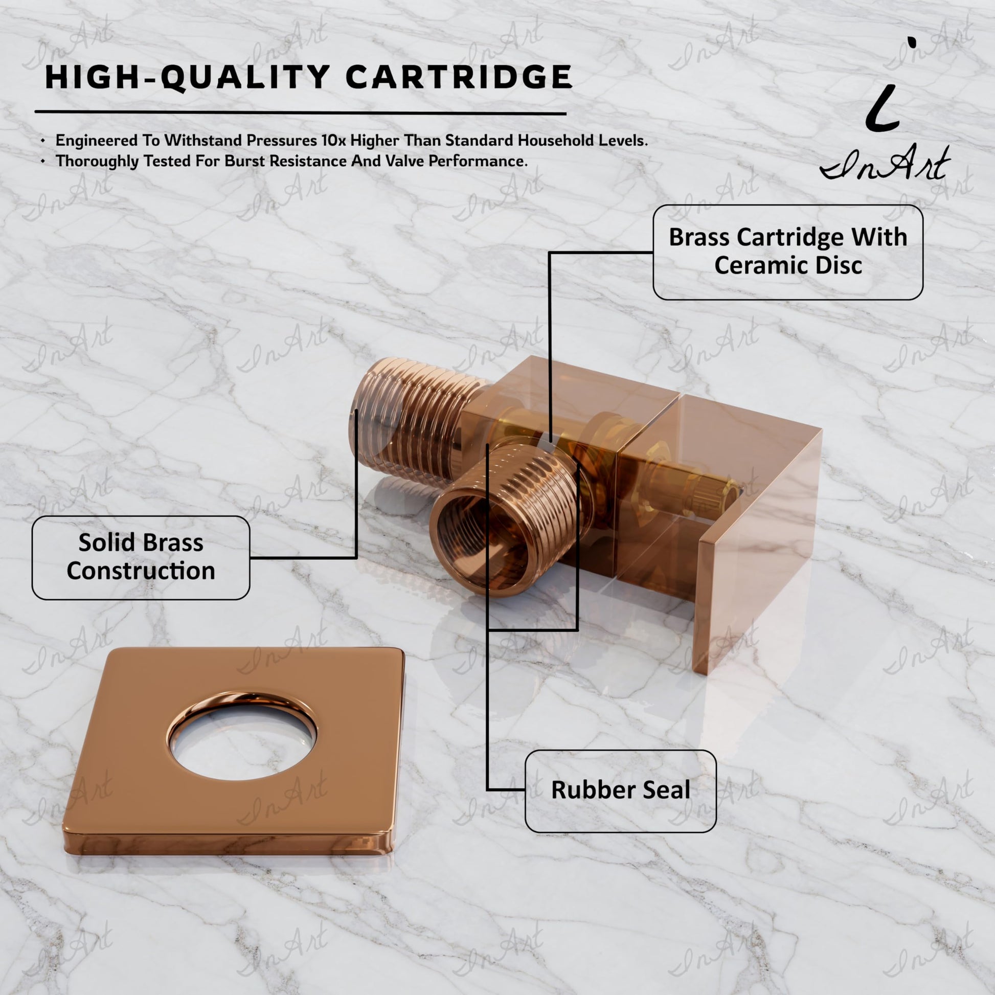 Angle valve for wash basin inlet outlet, rose gold sanitaryware fitting, side angle view, brass stop cock