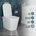 Ceramic western toilet in glossy white, side angle view of floor mounted S-trap commode with oval bowl