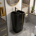 Modern designer pedestal wash basin in matte black ceramic, angled view of round one piece basin and pedestal