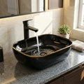 Hindware table top wash basin alternative by InArt, glossy black gold rectangular ceramic basin, front view