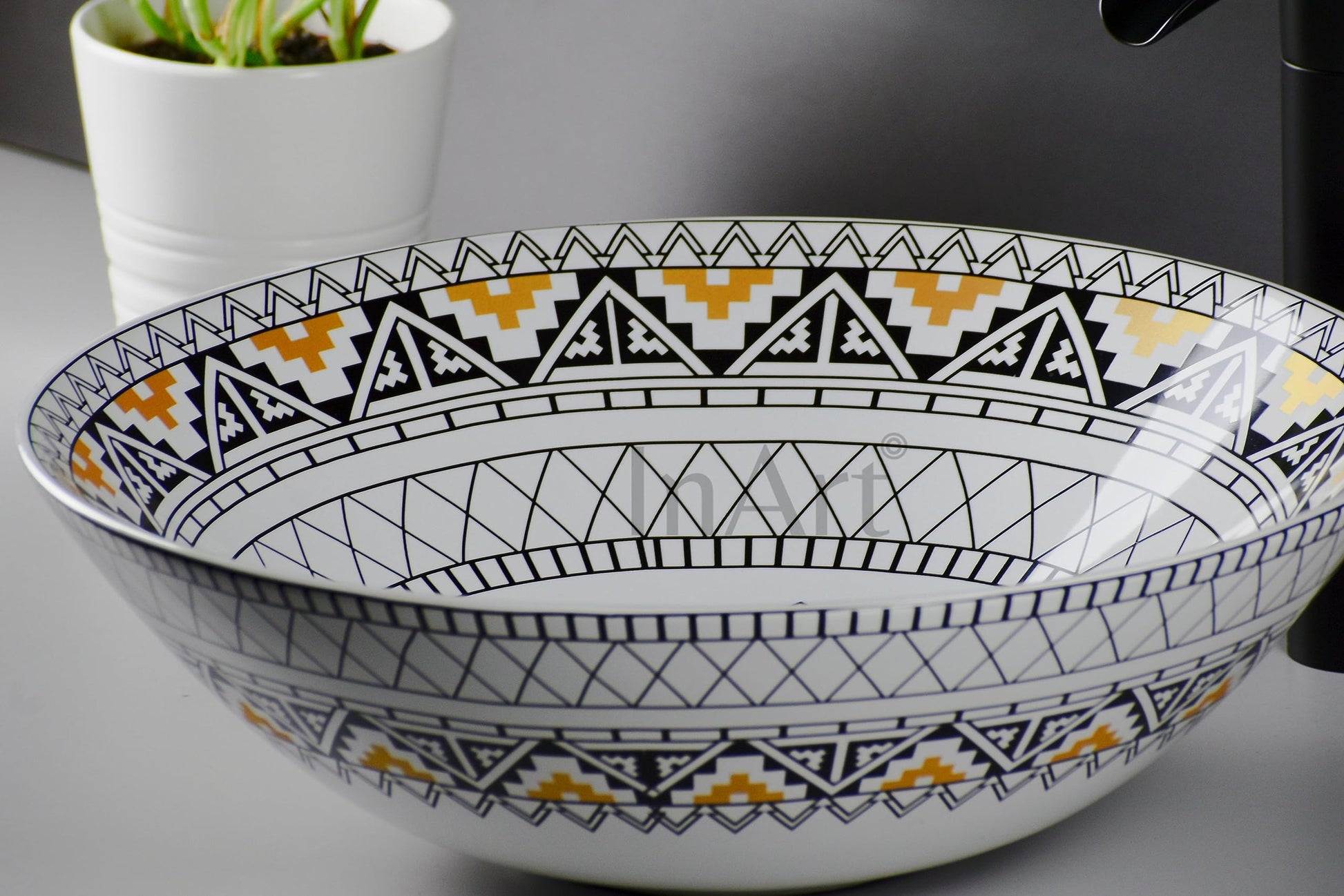 Round wash basin for dining hall in ceramic, modern Mexican pattern table top basin for counter