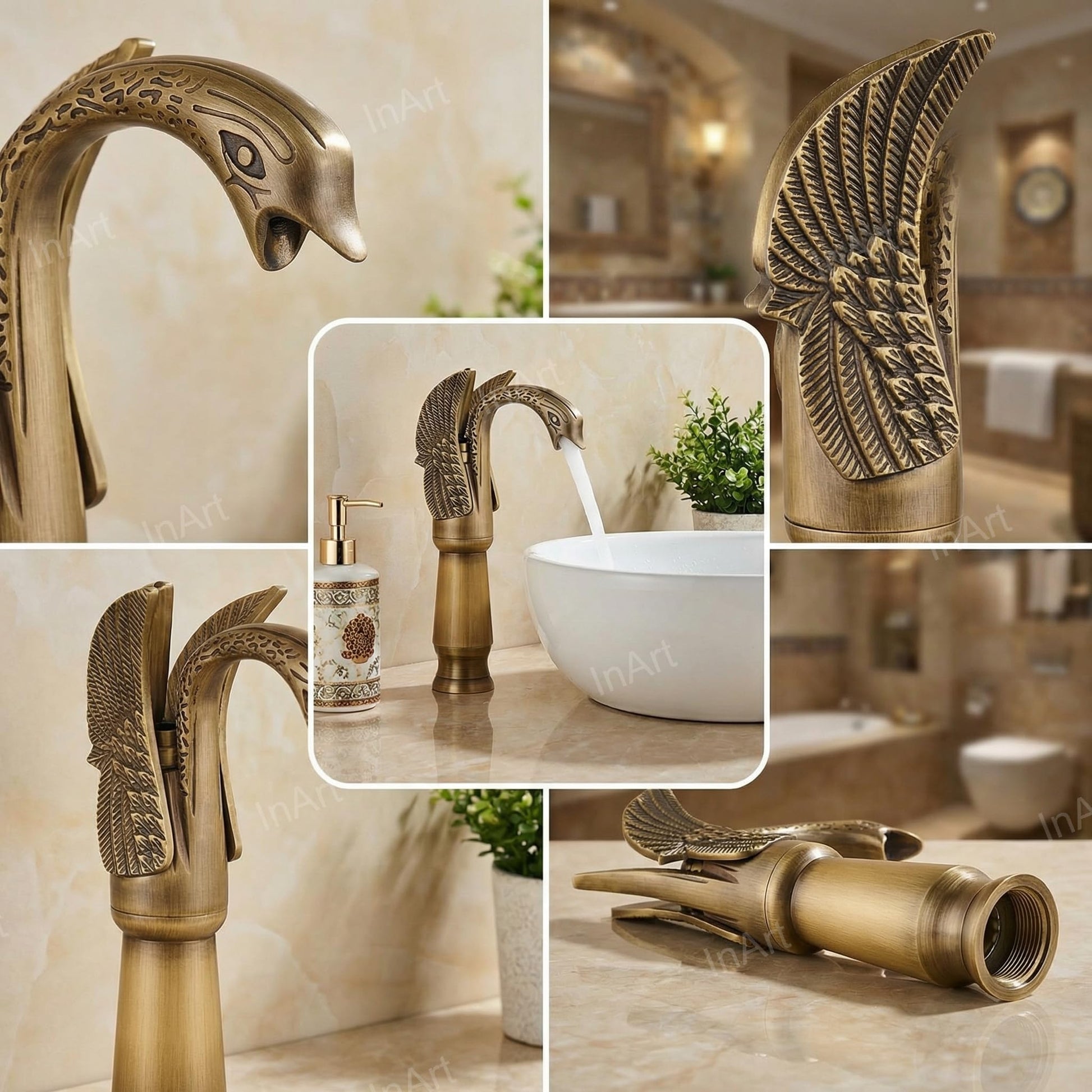 Tall body basin mixer tap in antique finish, 3/4 angle showing swan neck spout and single lever handle