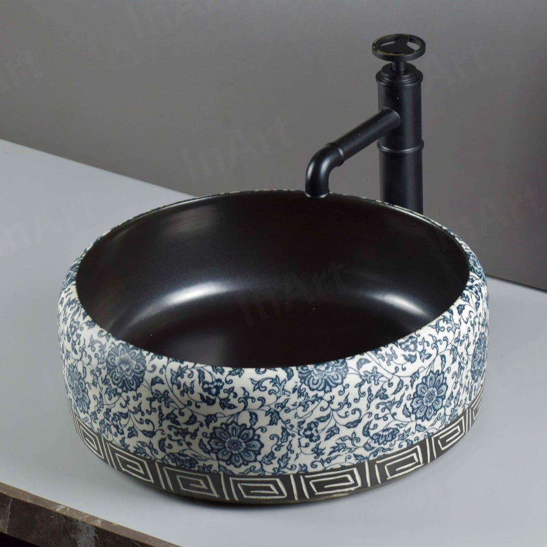 Luxury wash basin by InArt, blue ceramic square table top wash basin, main front view