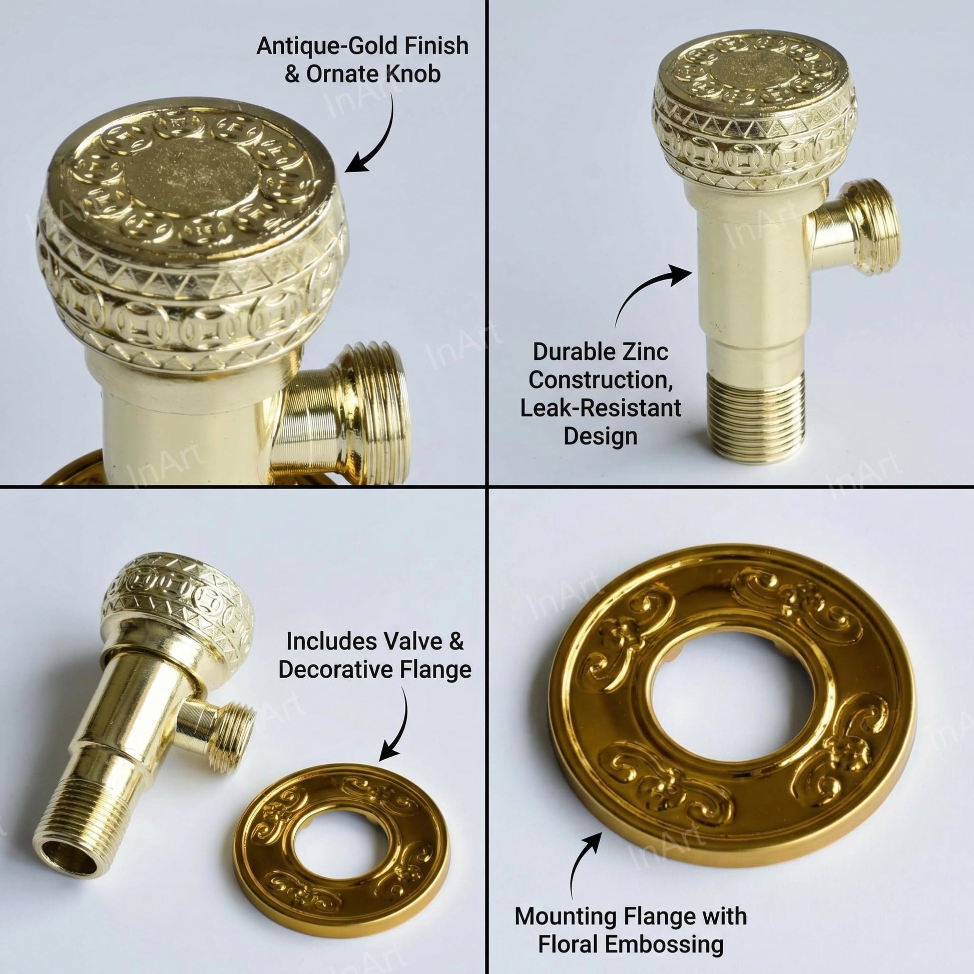 Wall flange angle valve for bathroom in antique finish, angled view highlighting threaded outlet for tap line