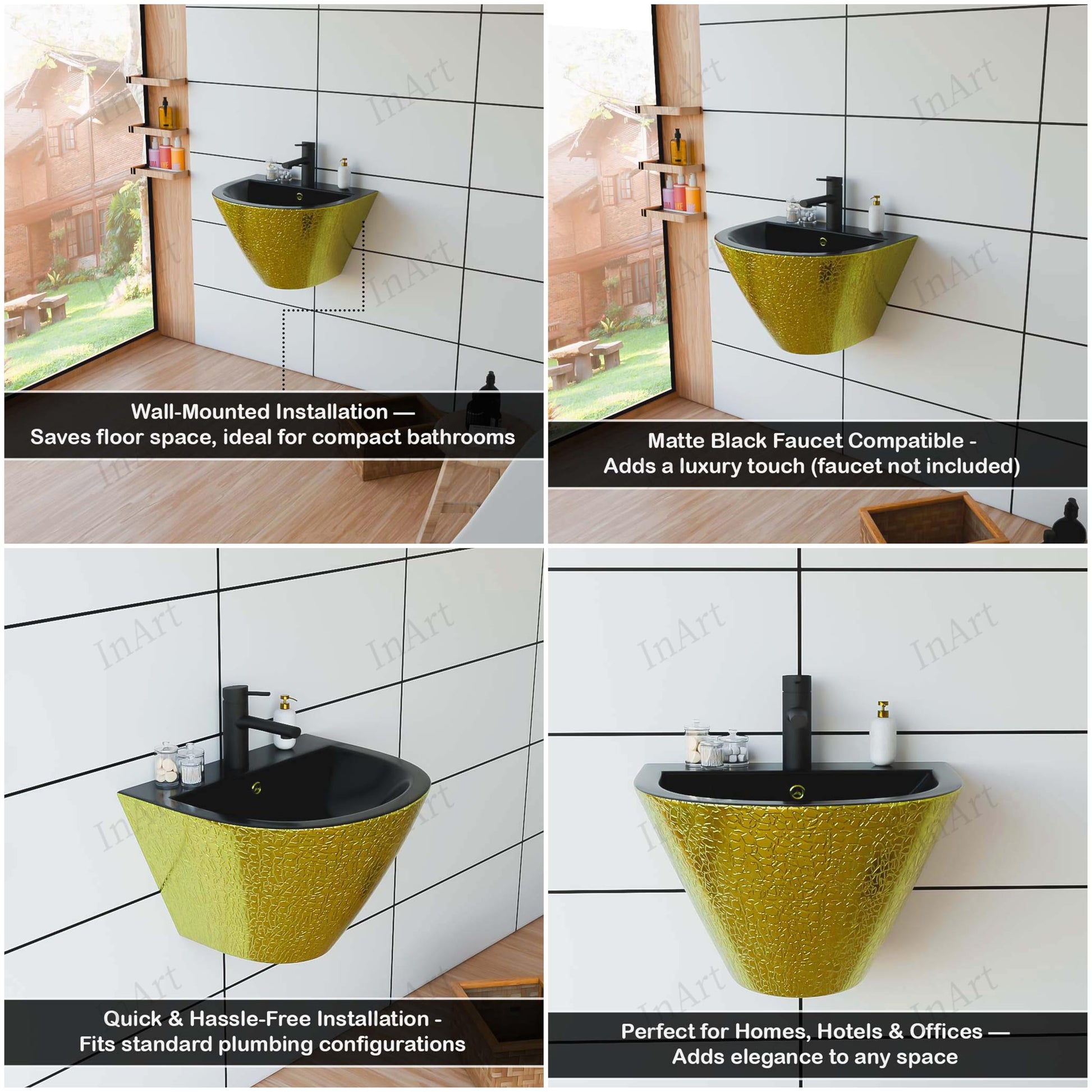 Wall mounted small wash basin for bathroom or living room, rectangular ceramic black gold wall hung sink