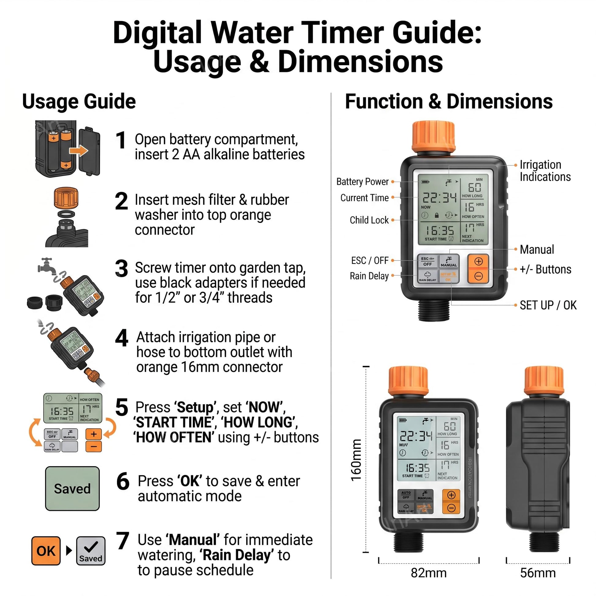 Irrigation timer outlet with 16 mm connector for drip line connection