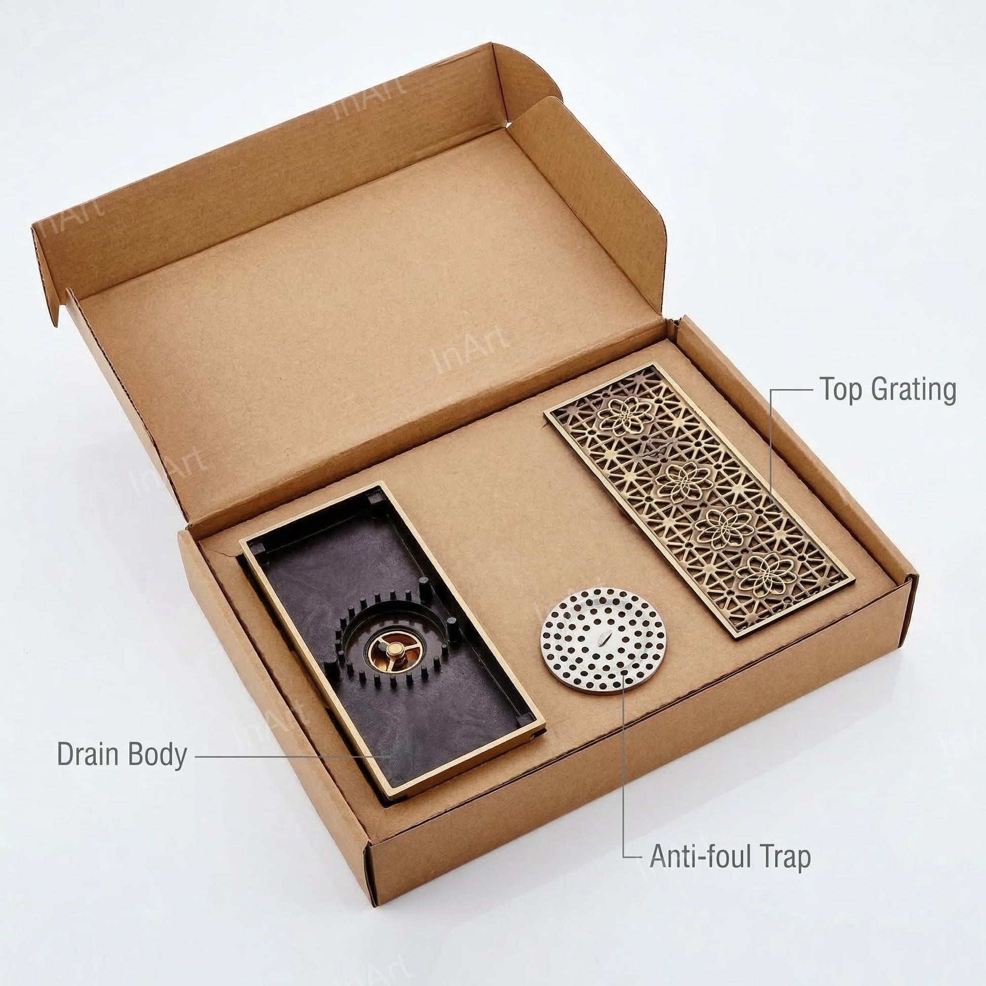 Easy-clean InArt antique brass square floor drain jali with 5 year warranty, premium bathroom fitting