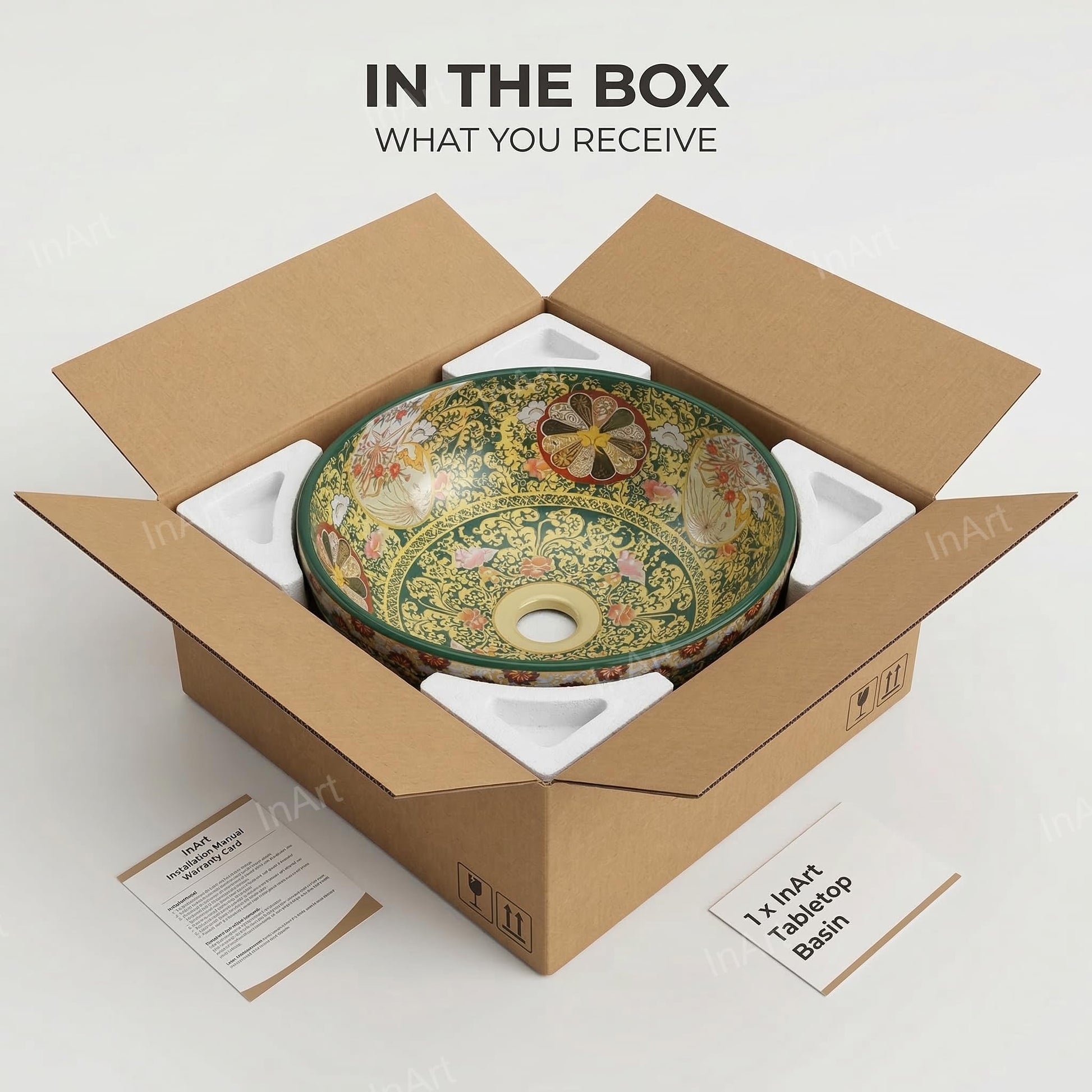Table top wash basin designs for dining room wash area, square ceramic basin in green multi colour finish