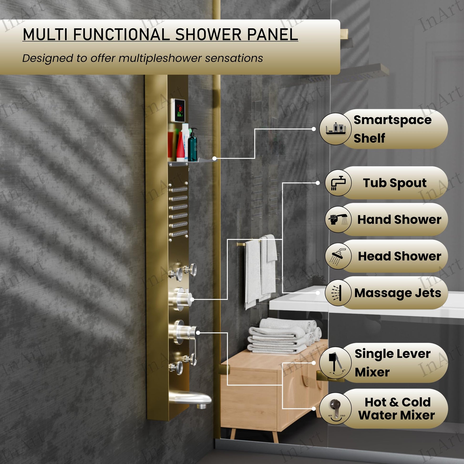 InArt gold shower panel, three panel shower wall kit compatible