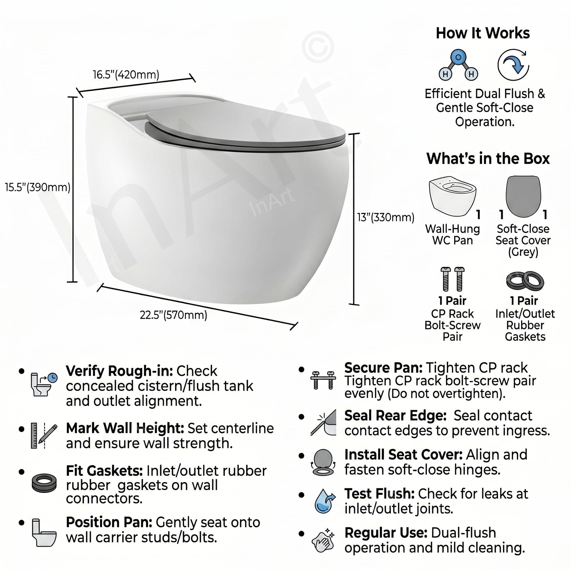 Back view of wall mounted commode with concealed cistern fitment area, sleek grey ceramic finish