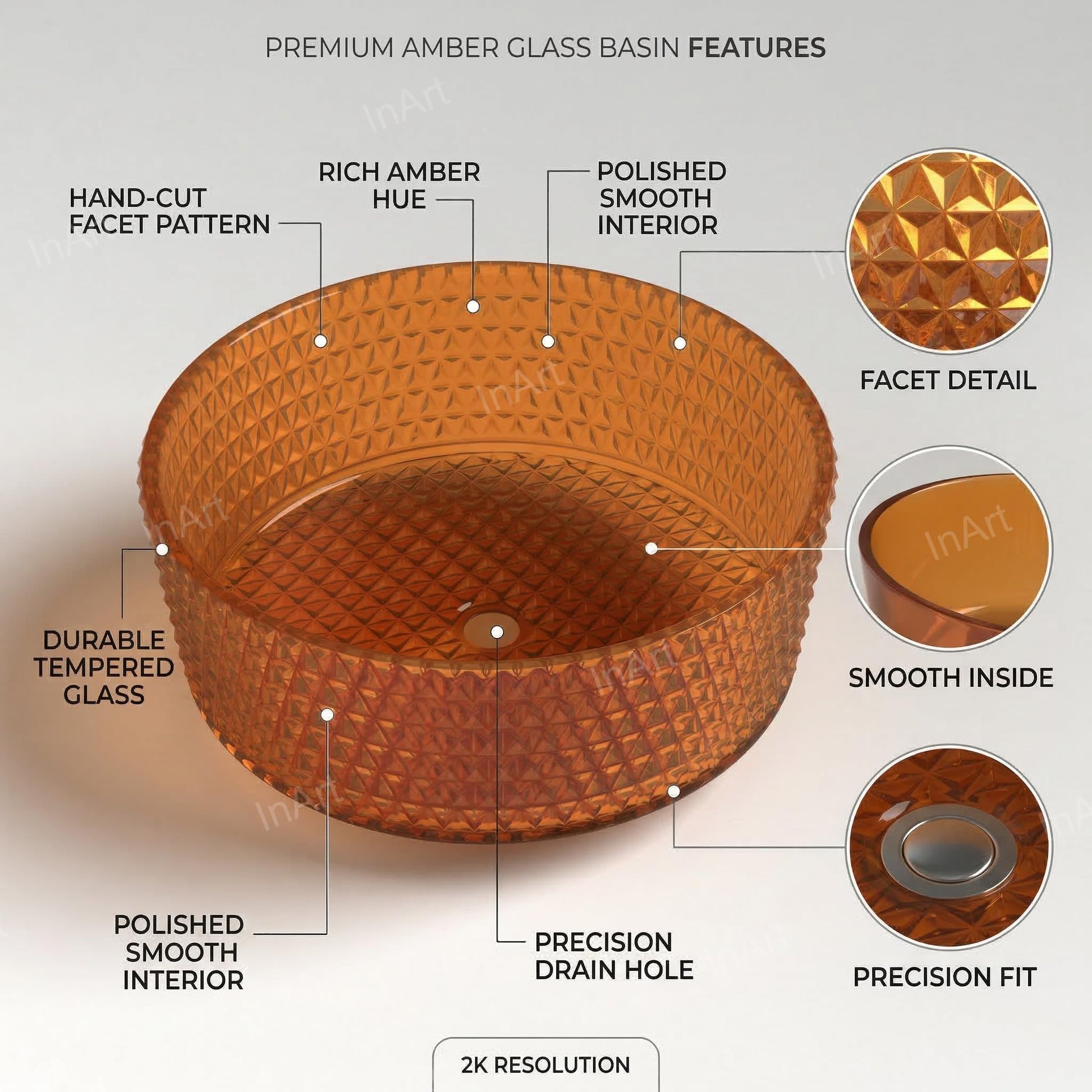 Designer glass wash basin design, amber round table top basin with smooth rim, side angle