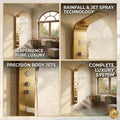 Brushed gold shower panel detail showing 3 body jets for rain shower body spray combo in modern bathroom