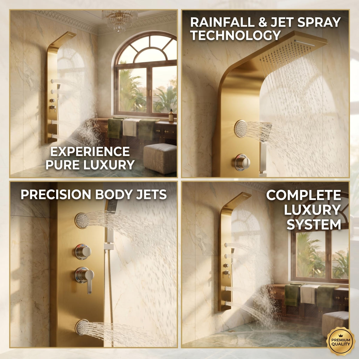 Brushed gold shower panel detail showing 3 body jets for rain shower body spray combo in modern bathroom