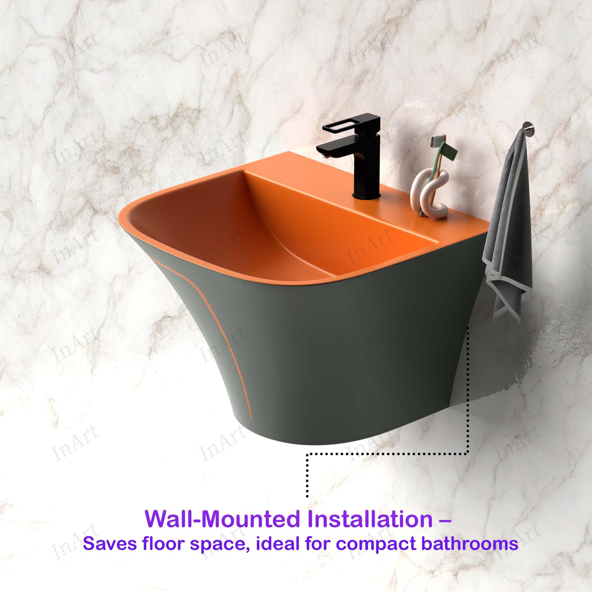 InArt premium ceramic wash basin installed in modern bathroom interior, wall hung half pedestal design