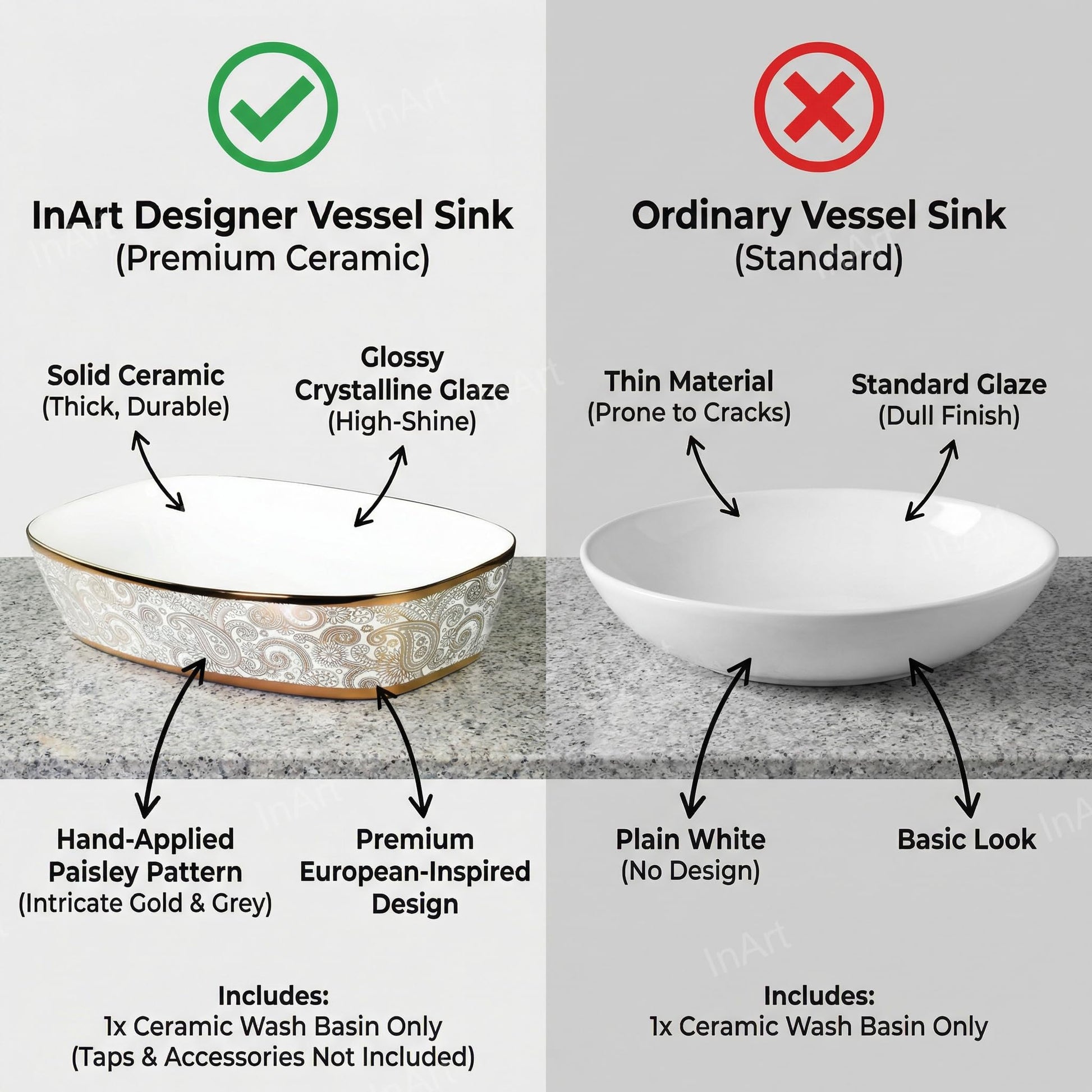 InArt table top wash basin with cabinet style setup, glossy gold oval basin on wash basin table