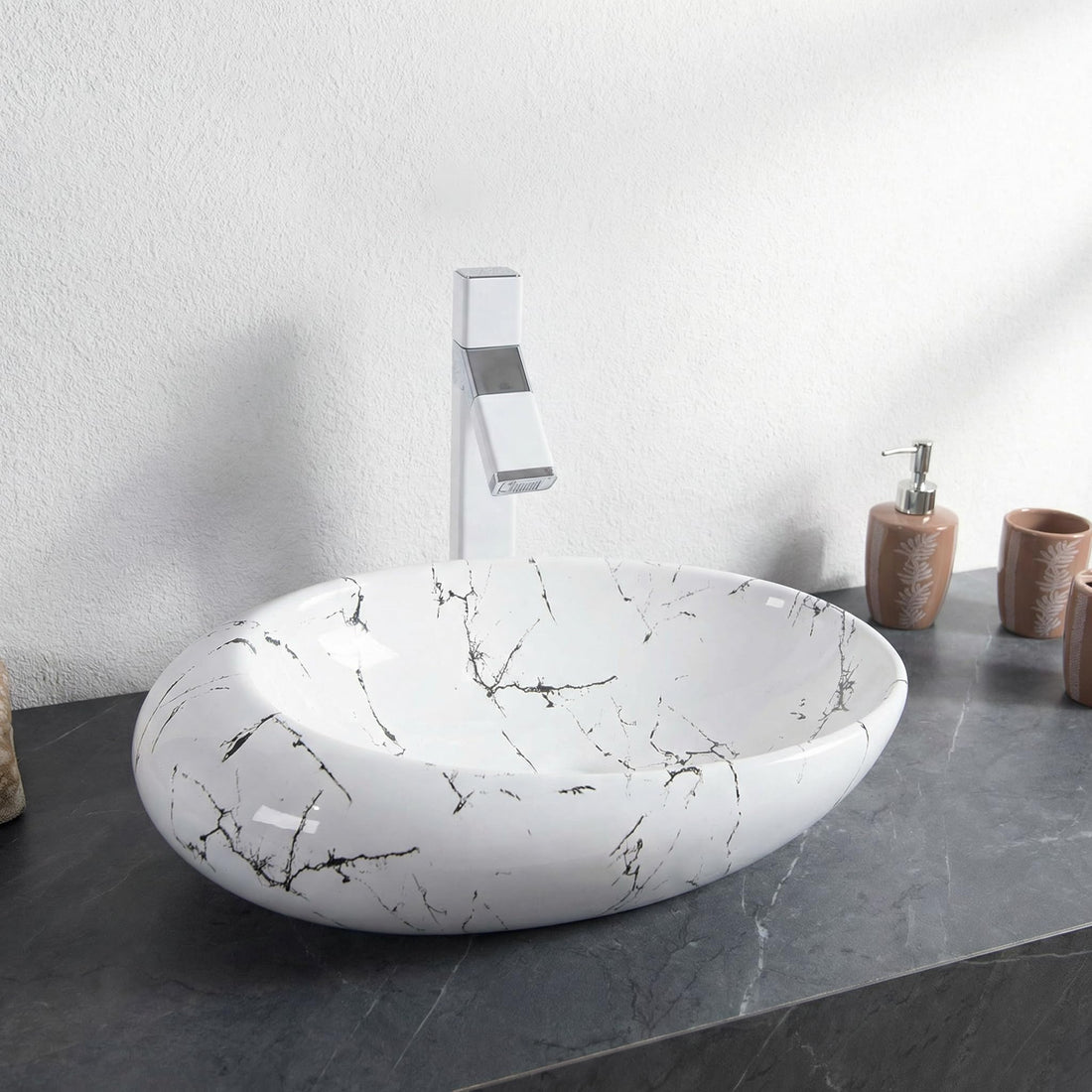 InArt table top wash basin design, ceramic rectangular Satvario white-grey marble finish, front view